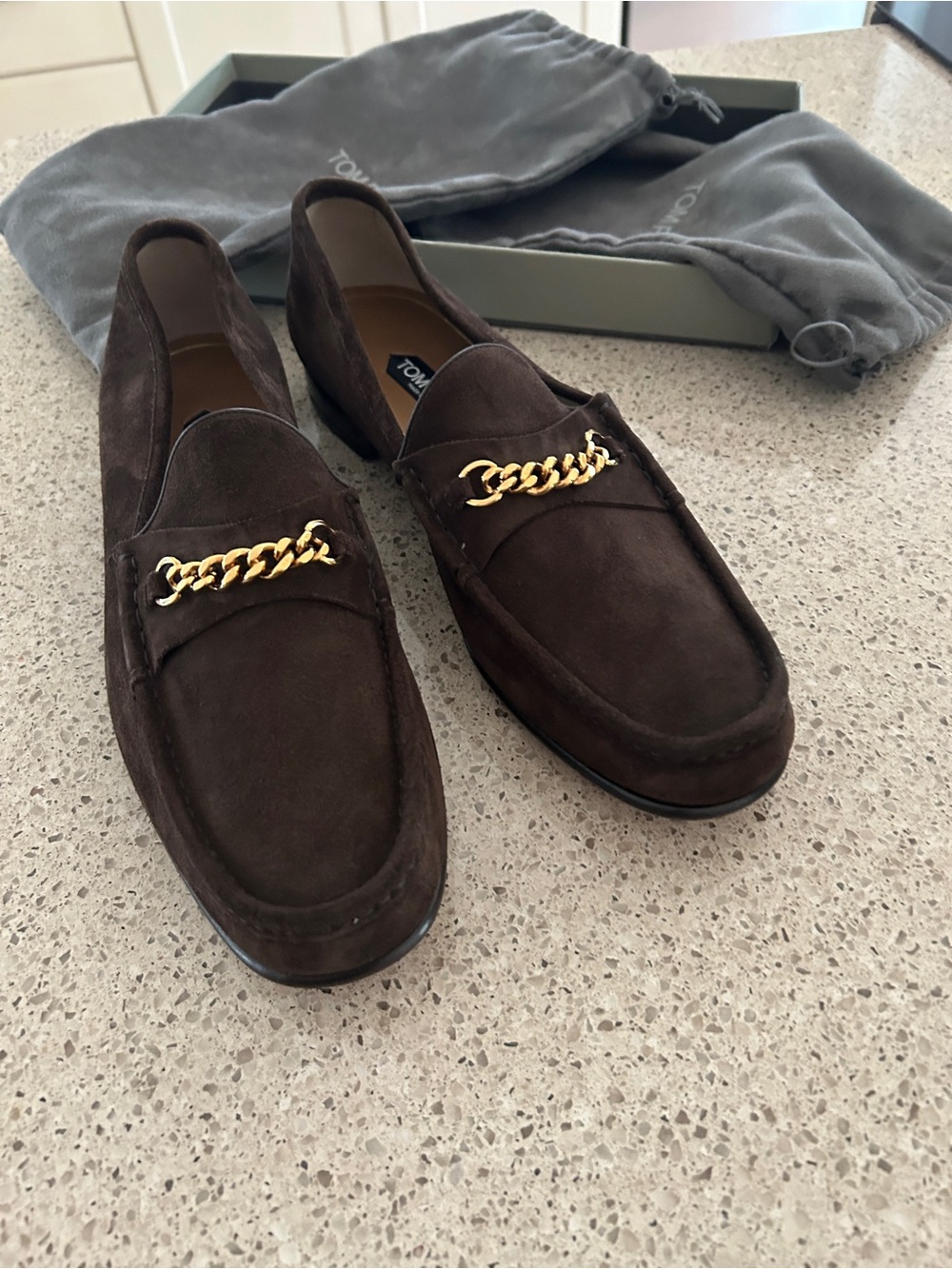 Tom Ford Brown Suede Loafers with Gold Chain Accent size 14 $700.00